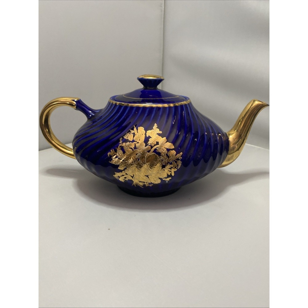 Vintage Arthur Wood England Cobalt Blue & Gold Porcelain Teapot Crack In Spout